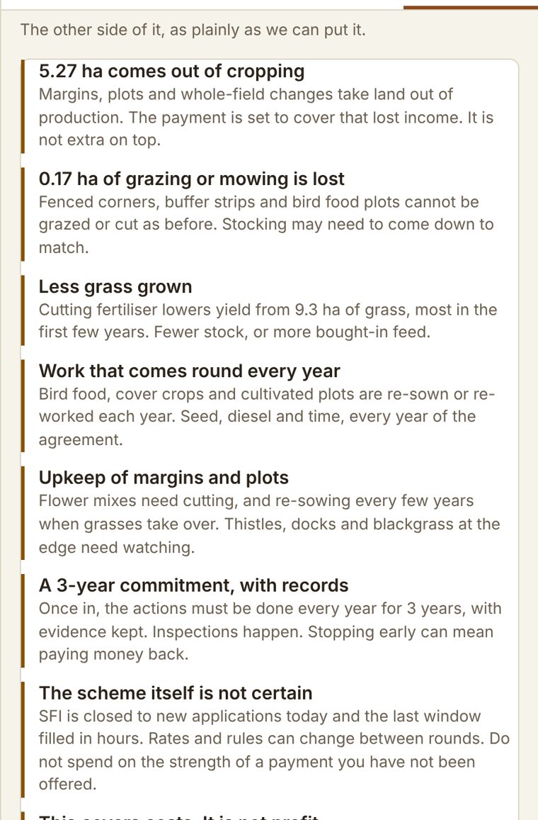 The Summary tab, listing what the plan would cost: land out of cropping, grazing lost, yield risk, yearly work and long-term upkeep.