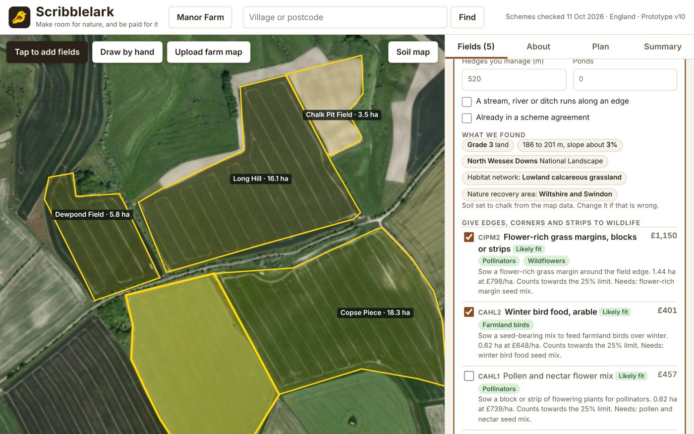 A field opened in the side panel, showing what was found about the land and a ticked list of suggested actions.