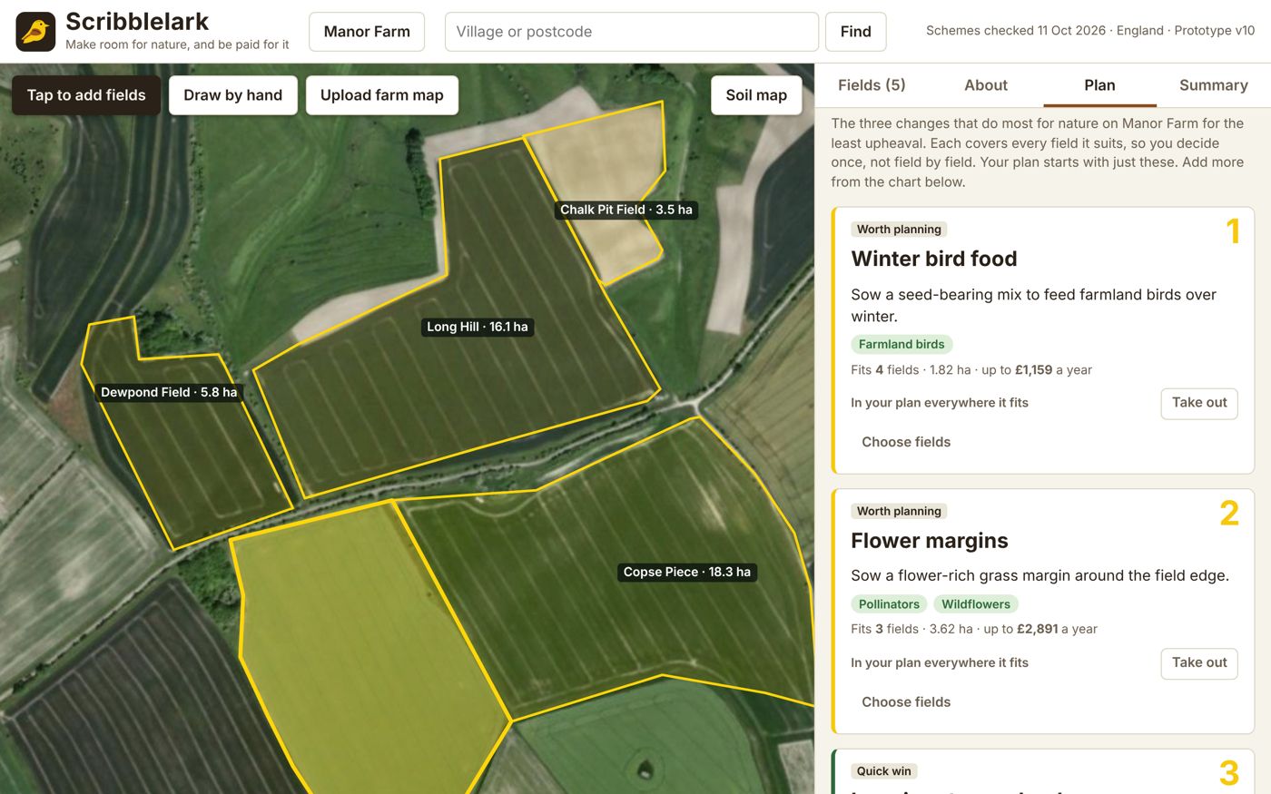 The Plan tab: three numbered Start here cards for flower margins, winter bird food and low-input grassland, each with what it fits and pays.