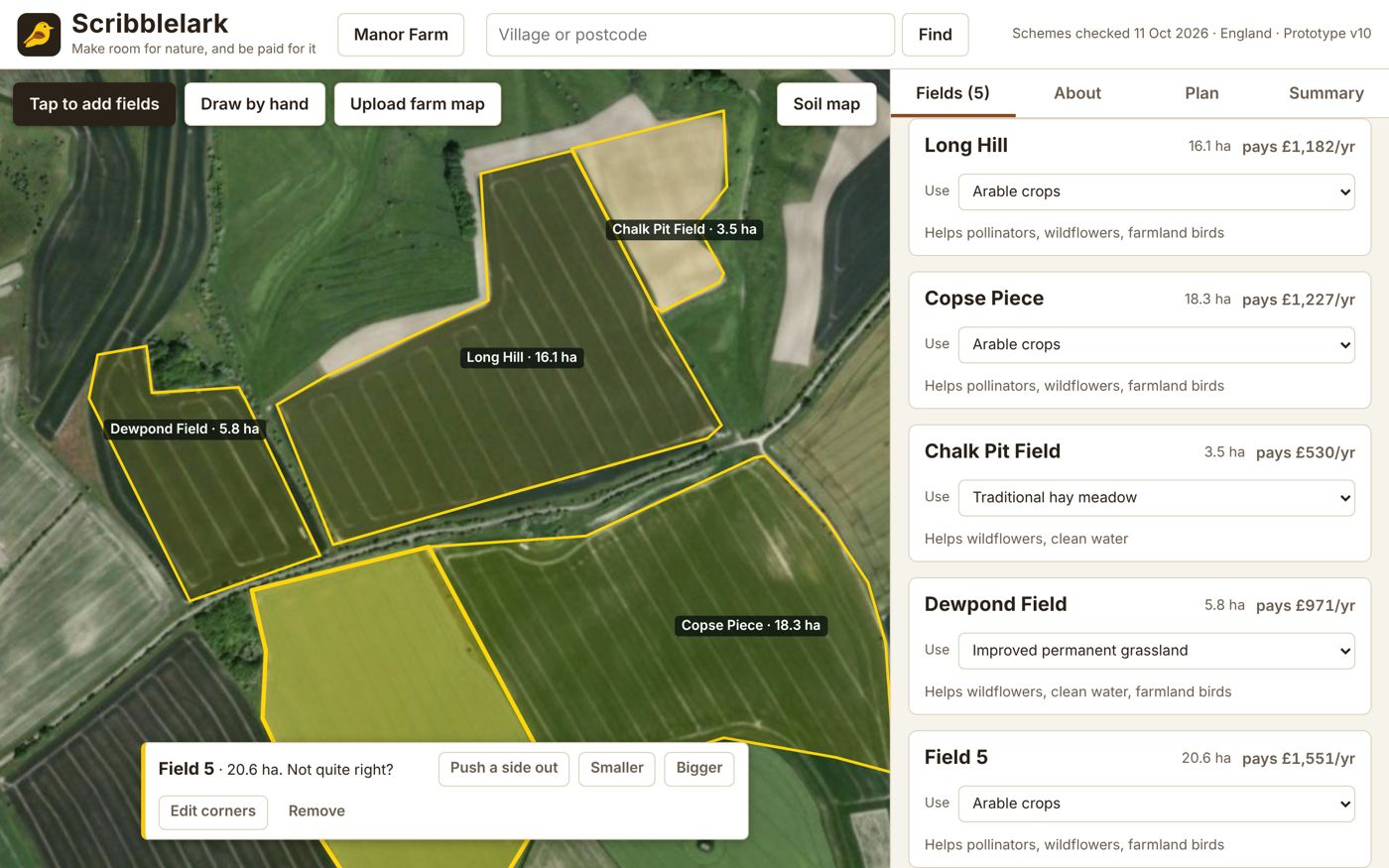 Scribblelark on a computer: the aerial map with five fields outlined on the left and the list of fields on the right.