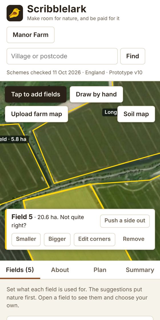 Scribblelark on a phone: the aerial map with fields outlined in yellow and a bar to push a side out or edit corners.